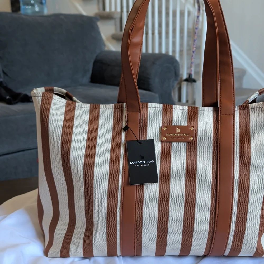 London Fog Brown and Cream Striped Tote